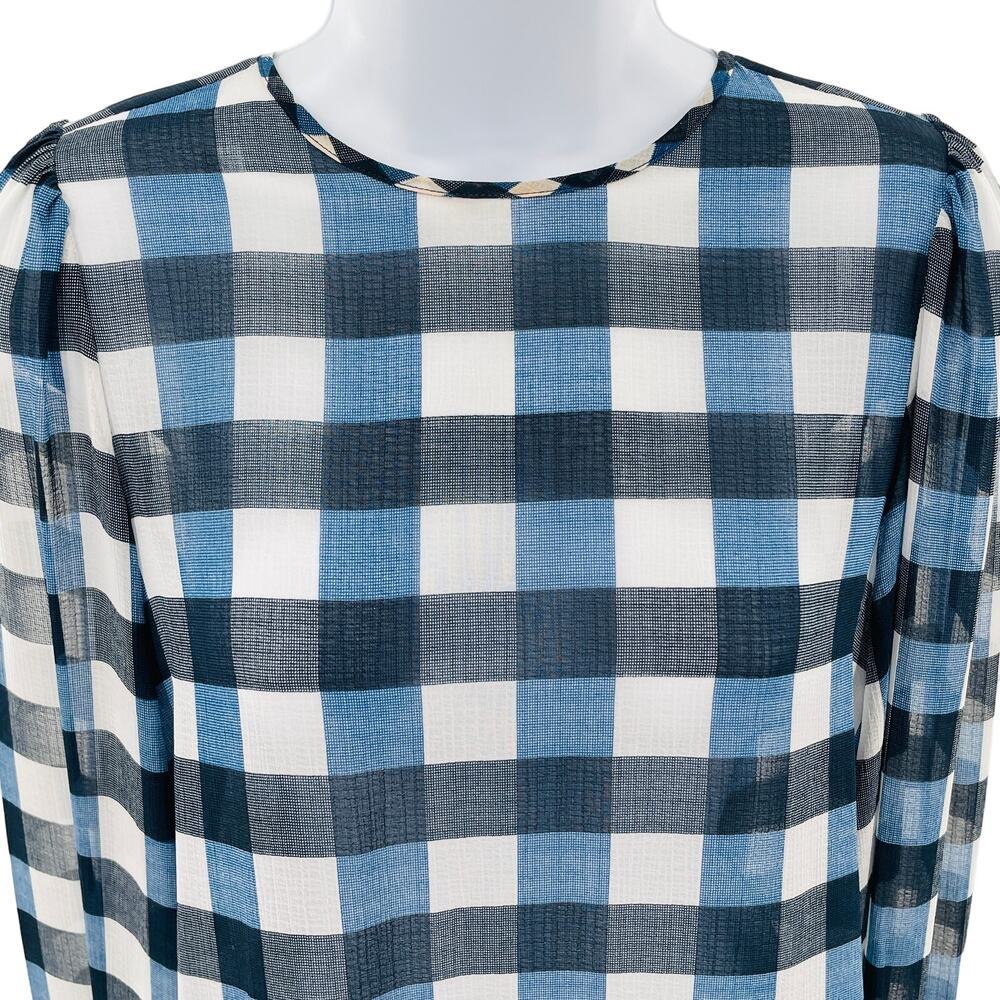 Scotch & Soda Aloha Hula Navy Blue White Sheer Checked Long Blouson Sleeve Top S - Picture 6 of 12